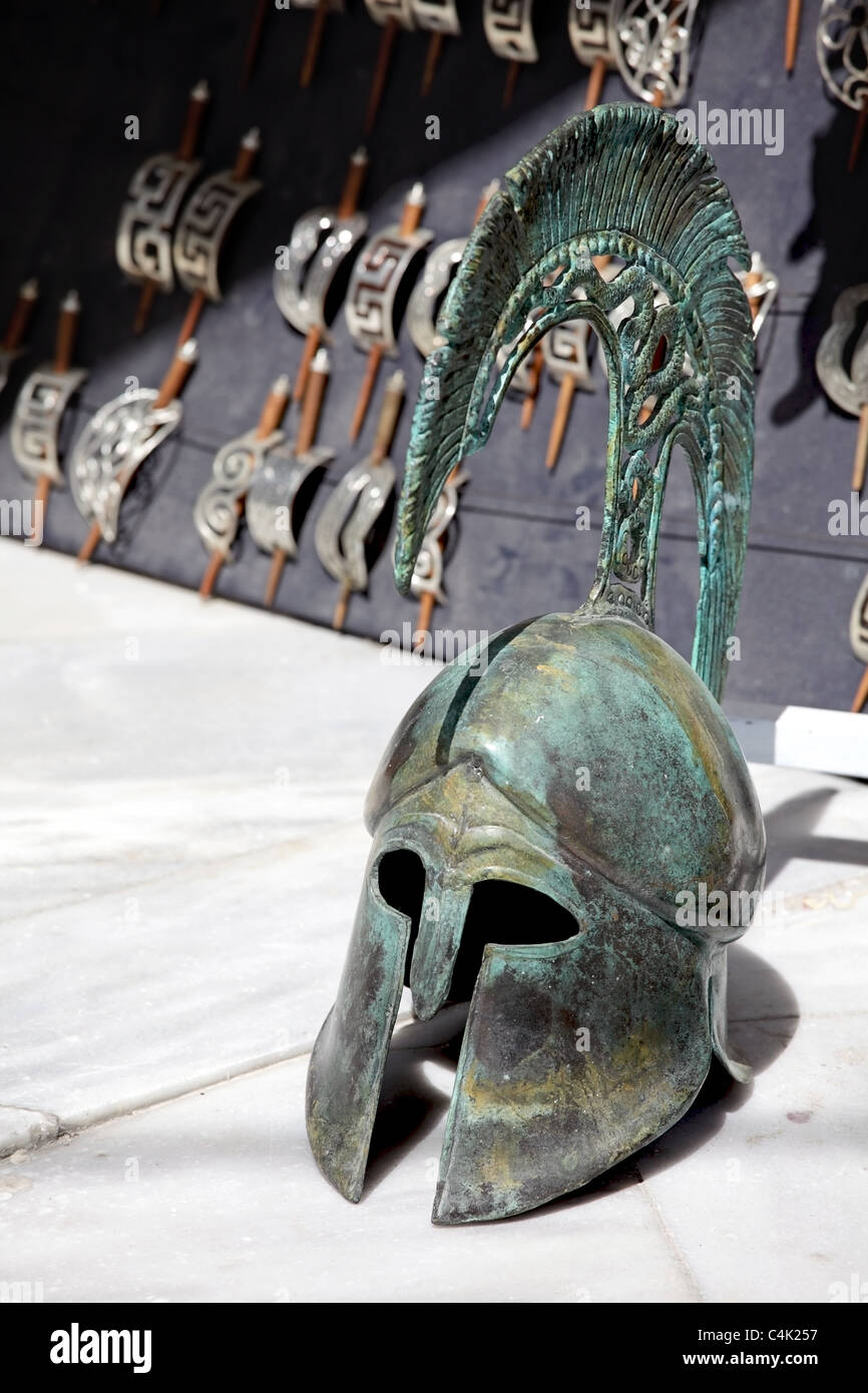Ancient Greek helmet in Fira, Santorini island, Greece. Stock Photo