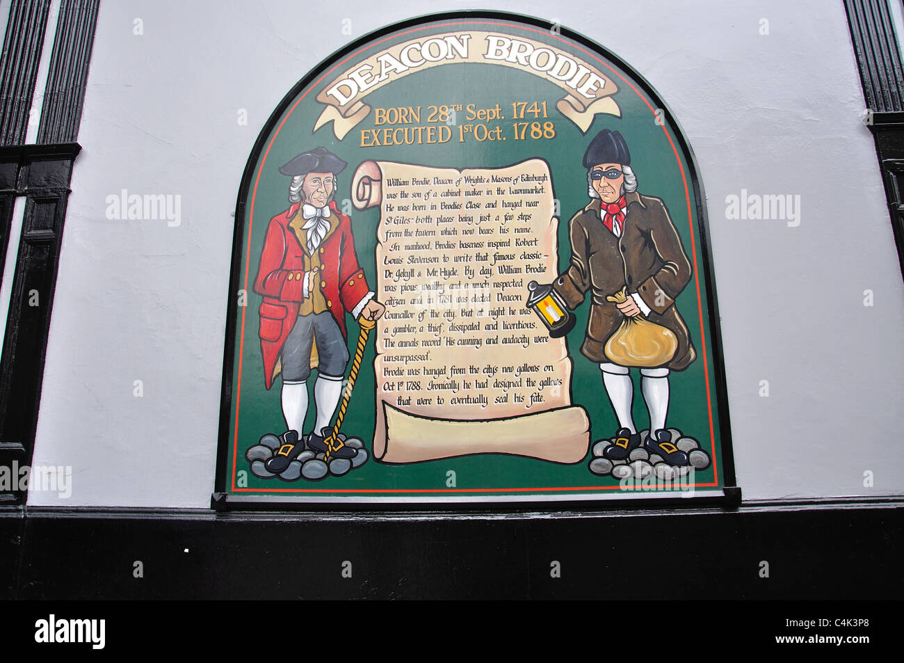 Deacon Brodie's Tavern plaque, Royal Mile, Old Town, Edinburgh, Lothian, Scotland, United Kingdom Stock Photo