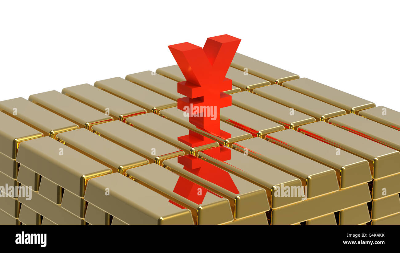 Symbol of yen on gold bars money concept Stock Photo