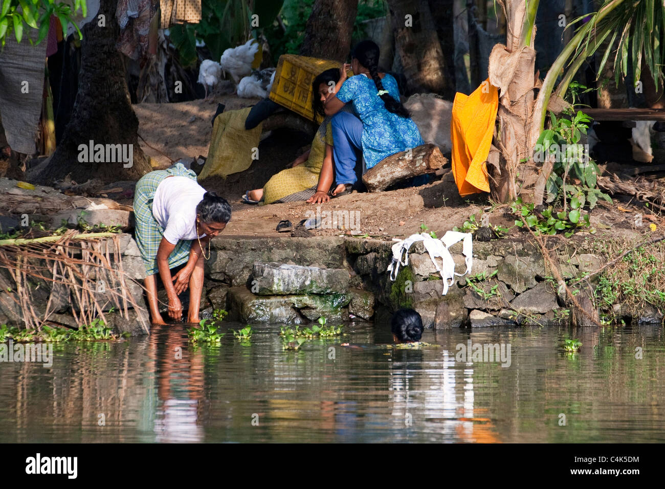 Wash, swim & rest in the backwaters of Alleppey (Alappuzha), Kerala, India Stock Photo