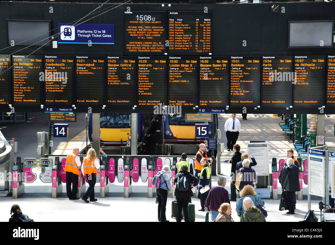 Electronic departure board, Waverley Railway Station, Edinburgh, Lothian, Scotland, United Kingdom Stock Photo