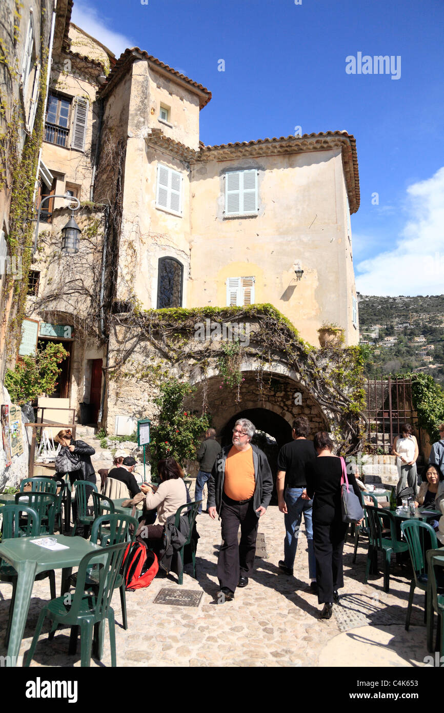 Outdoor cafe in Picturesque hilltop village of Eze netween Nice and Monte Carlo on the Cote d'Azur France Stock Photo