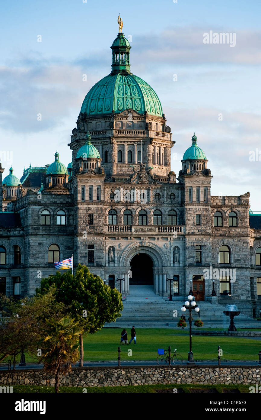 The Victoria Government Parliament Buildings in the Province of British Columbia, Canada proudly fronts the inner harbor. Stock Photo