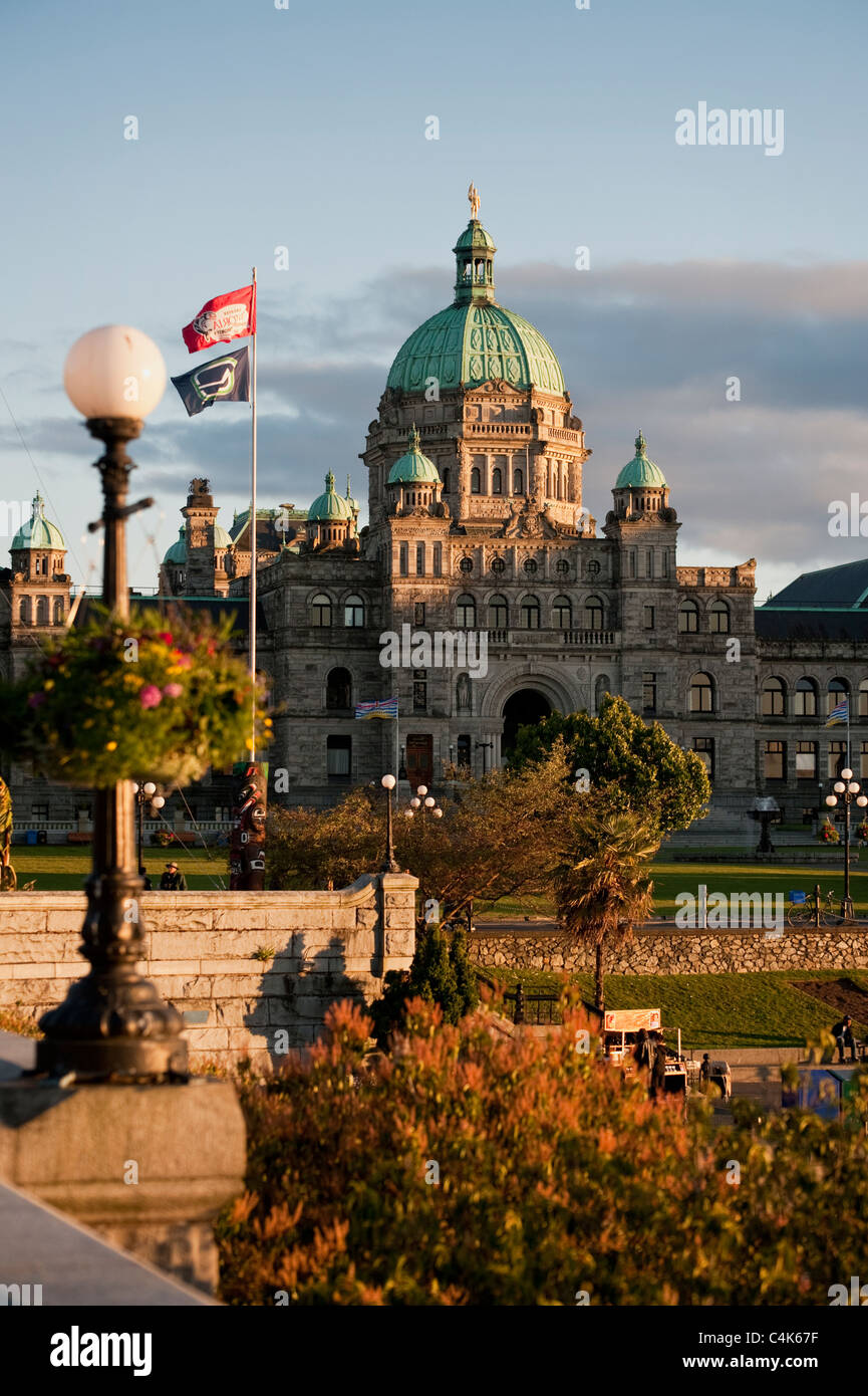 The Victoria Government Parliament Buildings in the Province of British Columbia, Canada proudly fronts the inner harbor. Stock Photo