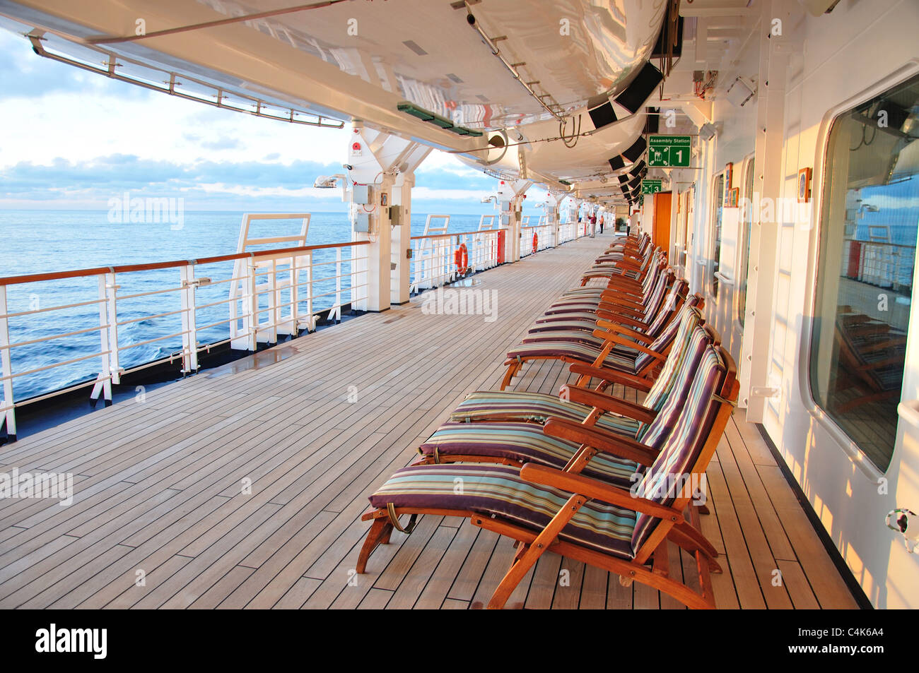 Deck at sunset, MS Eurodam Cruise Ship, North Sea, Northern Europe Stock Photo