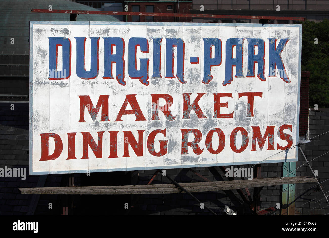 faded sign for Durgin Park restaurant on the the top of Quincy Market building Stock Photo