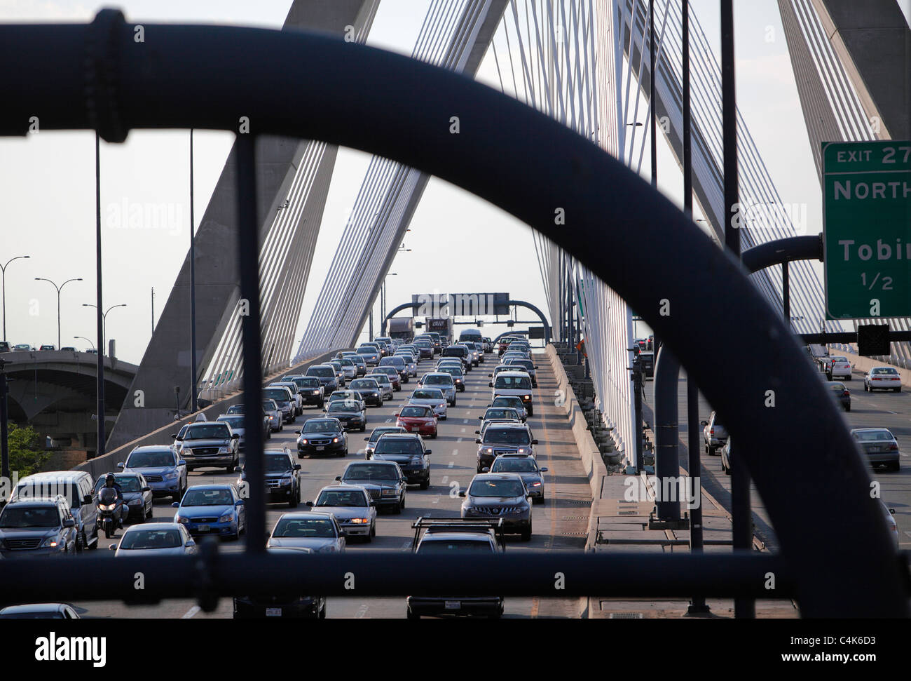 Rush hour traffic on the Zakim Bridge into Boston Stock Photo