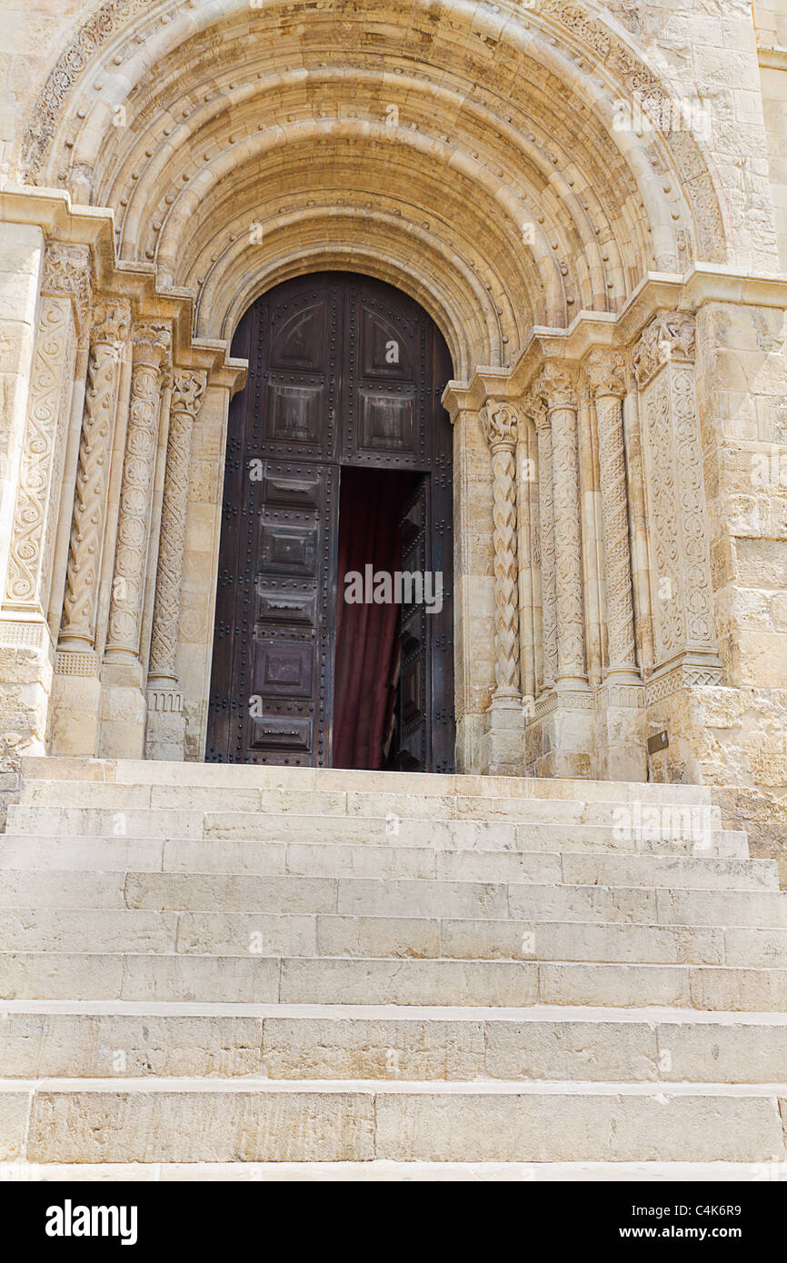 entrance to Old Cathedral Se Velha de Coimbra upper town in Coimbra, Portugal Stock Photo
