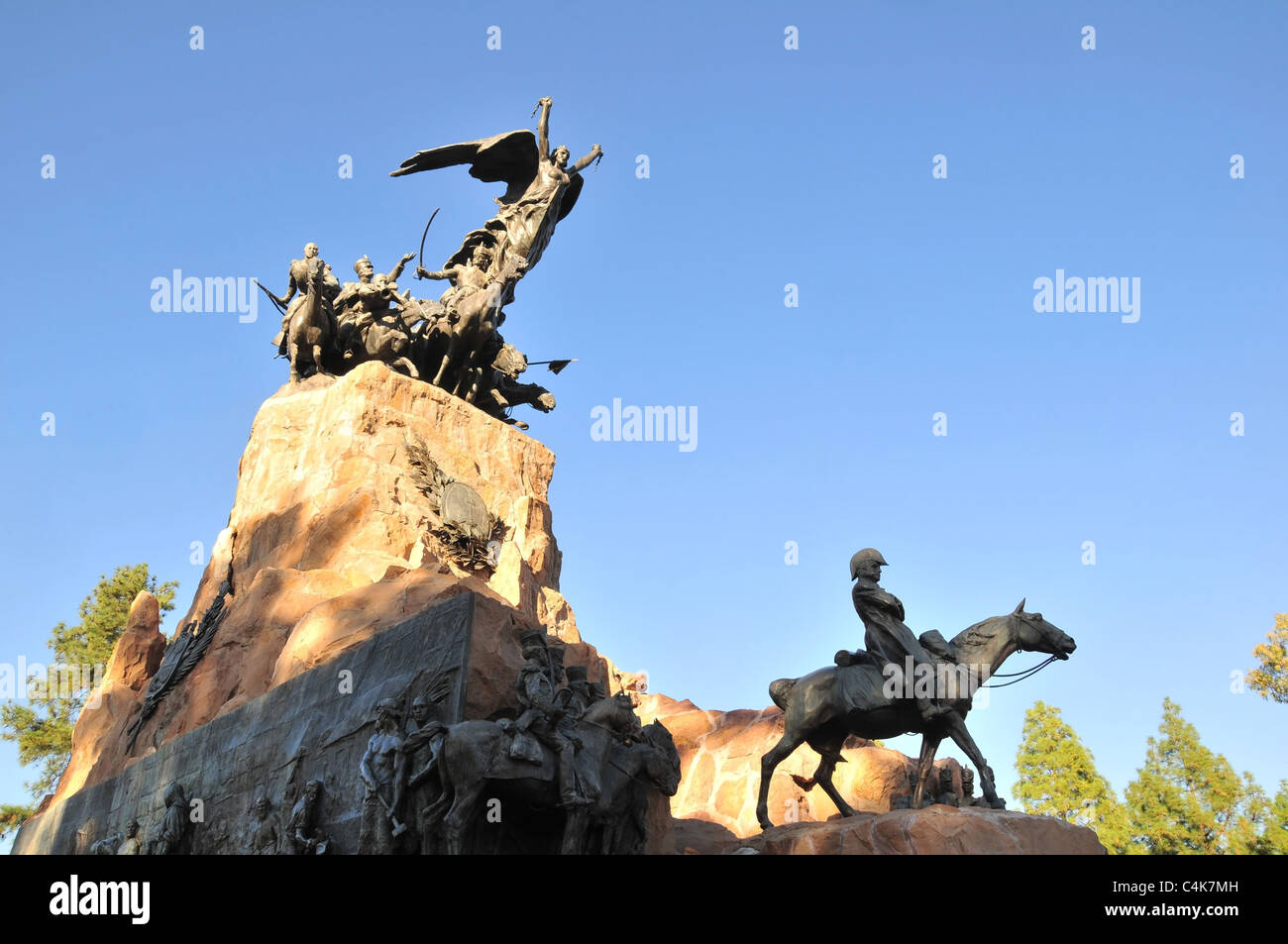 Blue sky profile of horse statue of General San Martin in front  of Army of Andes Monument, Cerro Gloria, Mendoza, Argentina Stock Photo