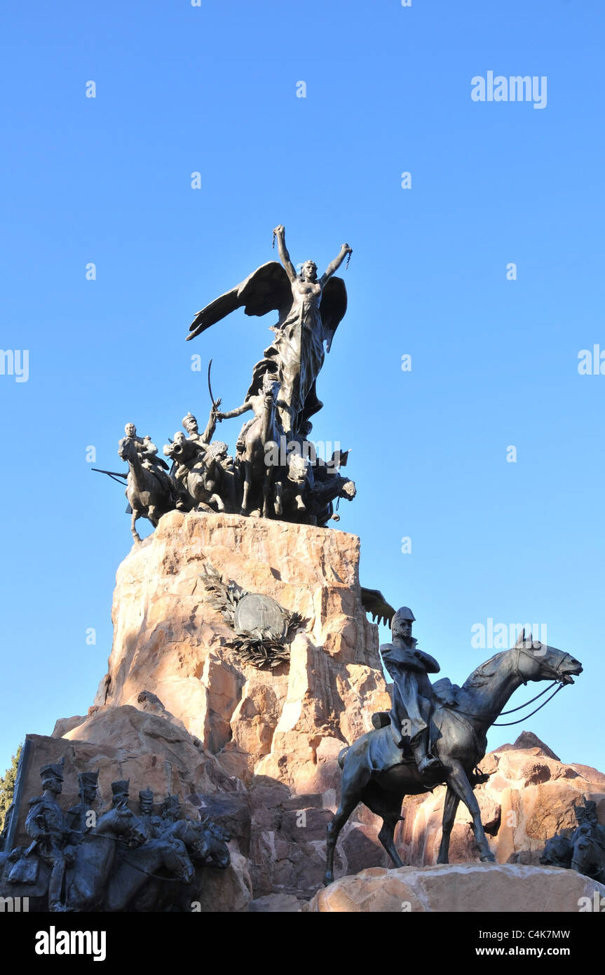 Blue sky view of horse statue of General San Martin in front  of Army of Andes Monument, Cerro Gloria, Mendoza, Argentina Stock Photo