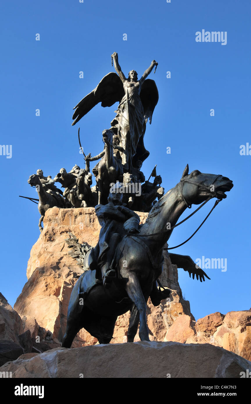 Blue sky portrait of horse statue of General San Martin in front  of Army of Andes Monument, Cerro Gloria, Mendoza, Argentina Stock Photo