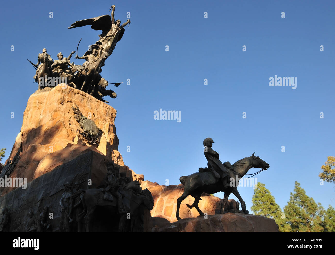 Blue sky profile silhouette horse statue General San Martin in front of Army of Andes Monument, Cerro Gloria, Mendoza, Argentina Stock Photo