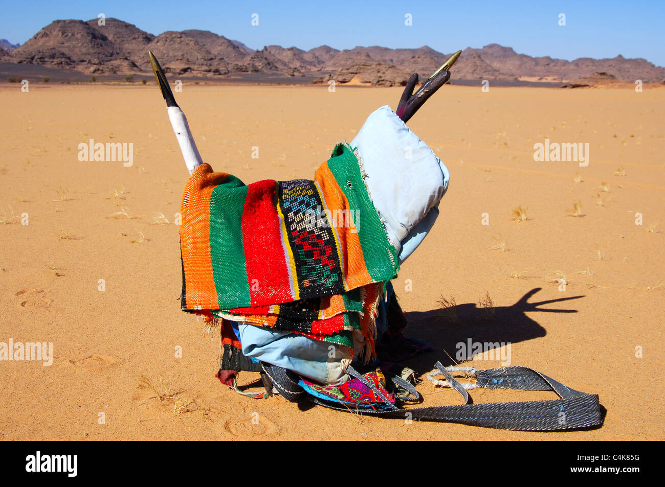 Colourful saddle of the Touareg nomads for dromedaries, Acacus Mountains, Sahara desert, Libya Stock Photo