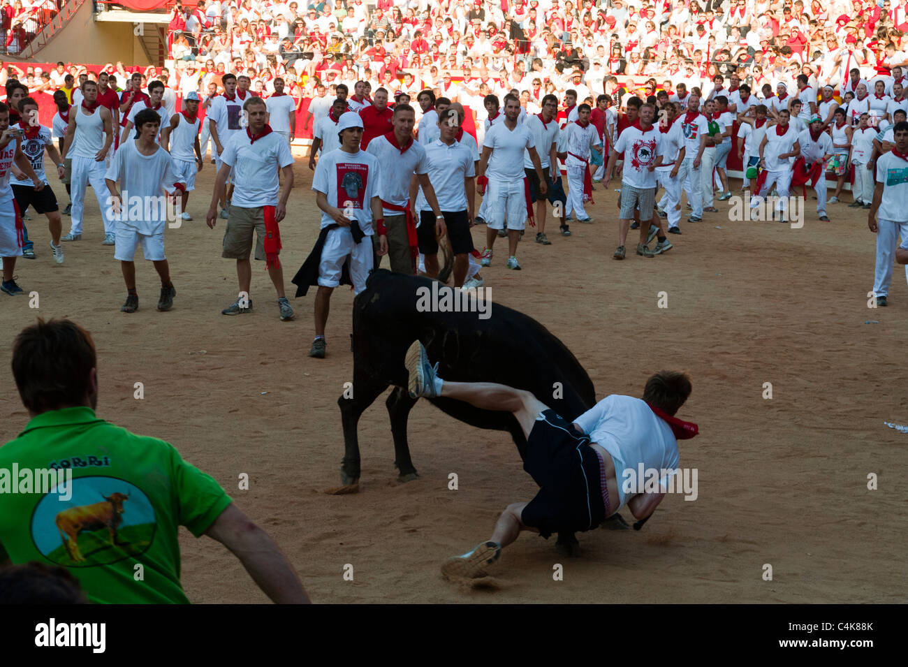 Amateur bullfight with young bulls, San Fermín street-partying, Pamplona, Navarra (Navarre), Spain, Europe. Stock Photo