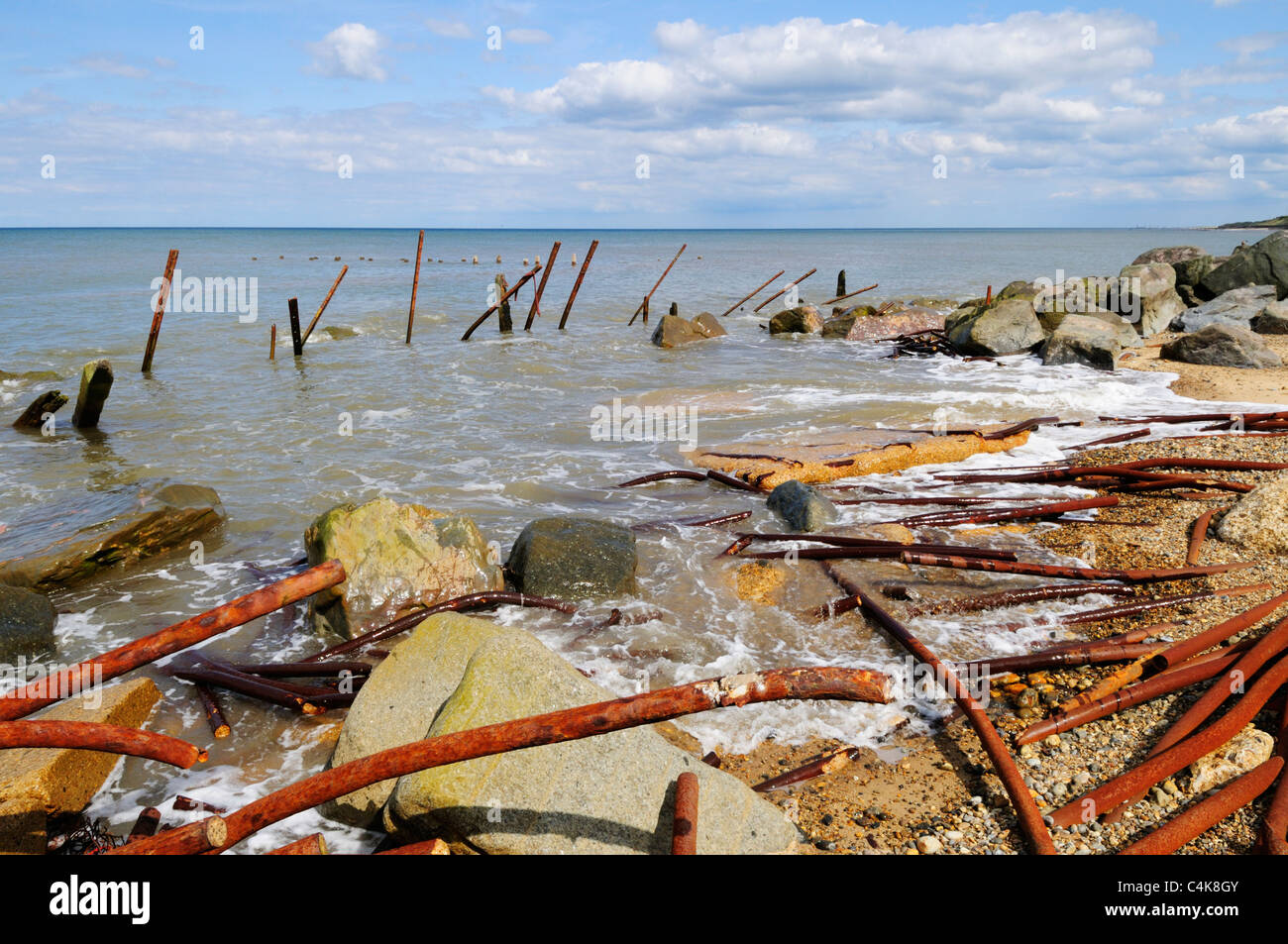 Remains of Sea Defences on Happisburgh Beach, Norfolk, England, UK Stock Photo