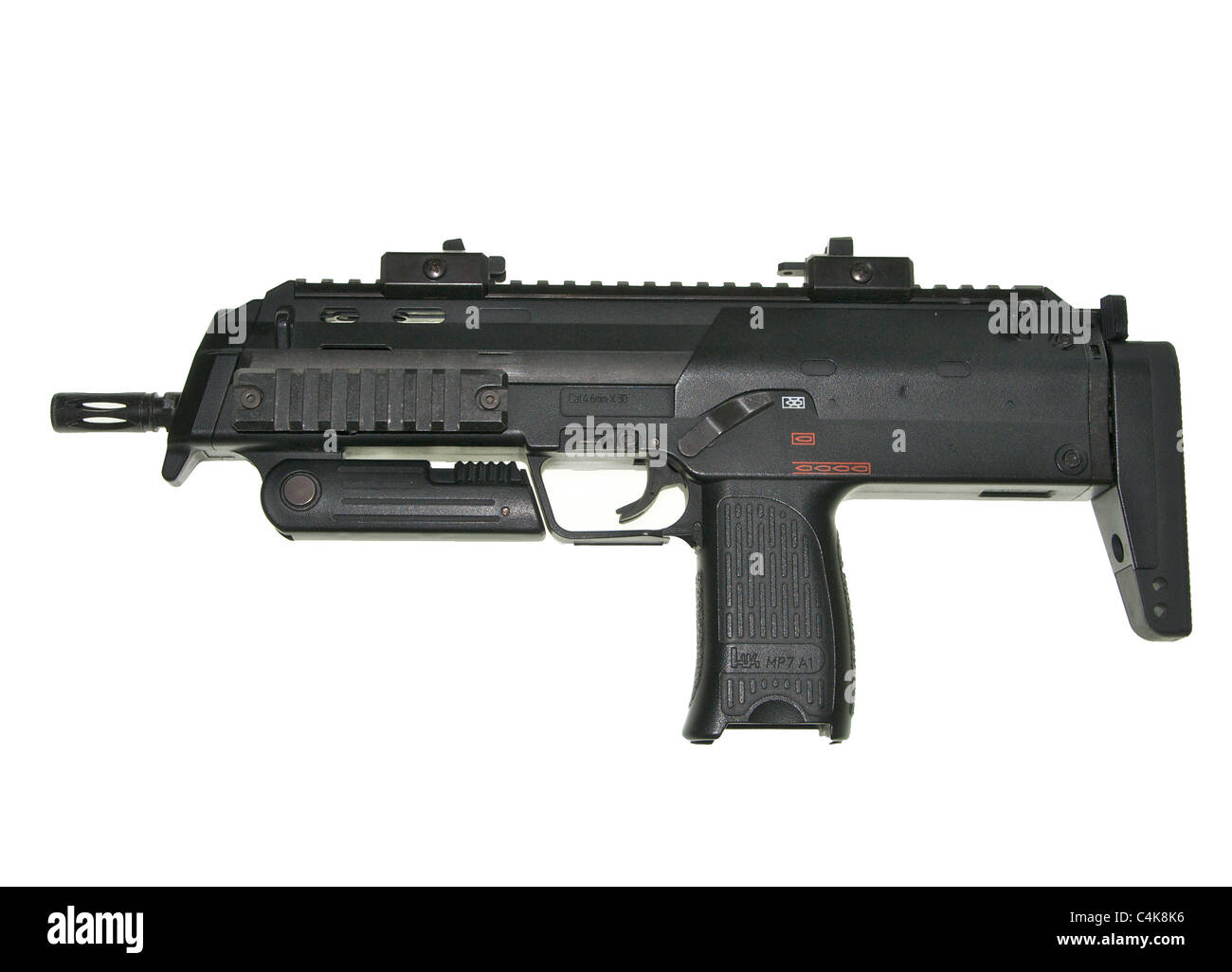 The MP7 is a German submachine gun manufactured by Heckler & Koch (H&K) and chambered for the 4.6x30mm cartridge. Stock Photo