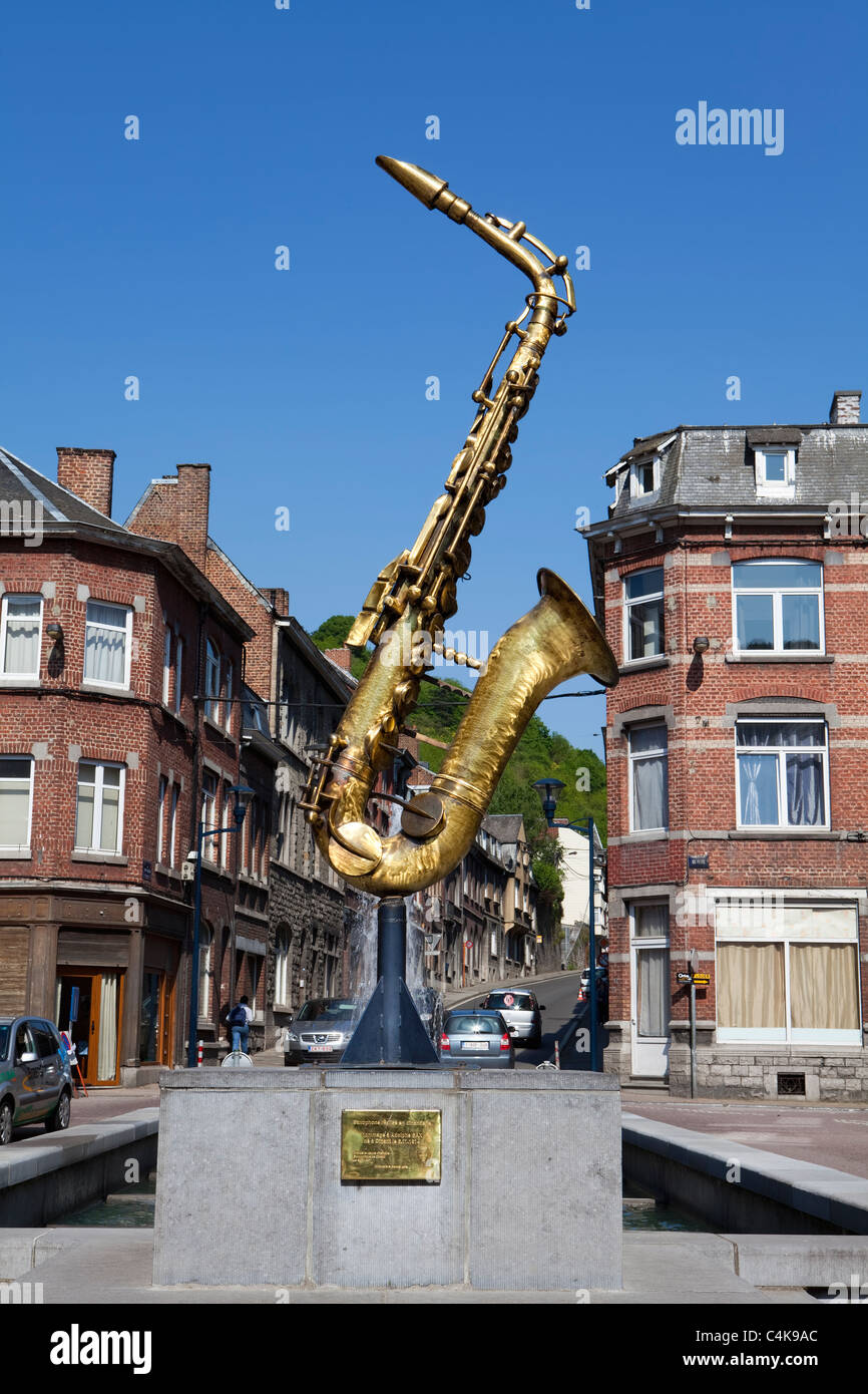 Saxophone memorial to Adolphe Sax, Dinant, Wallonia, Belgium, Europe Stock Photo