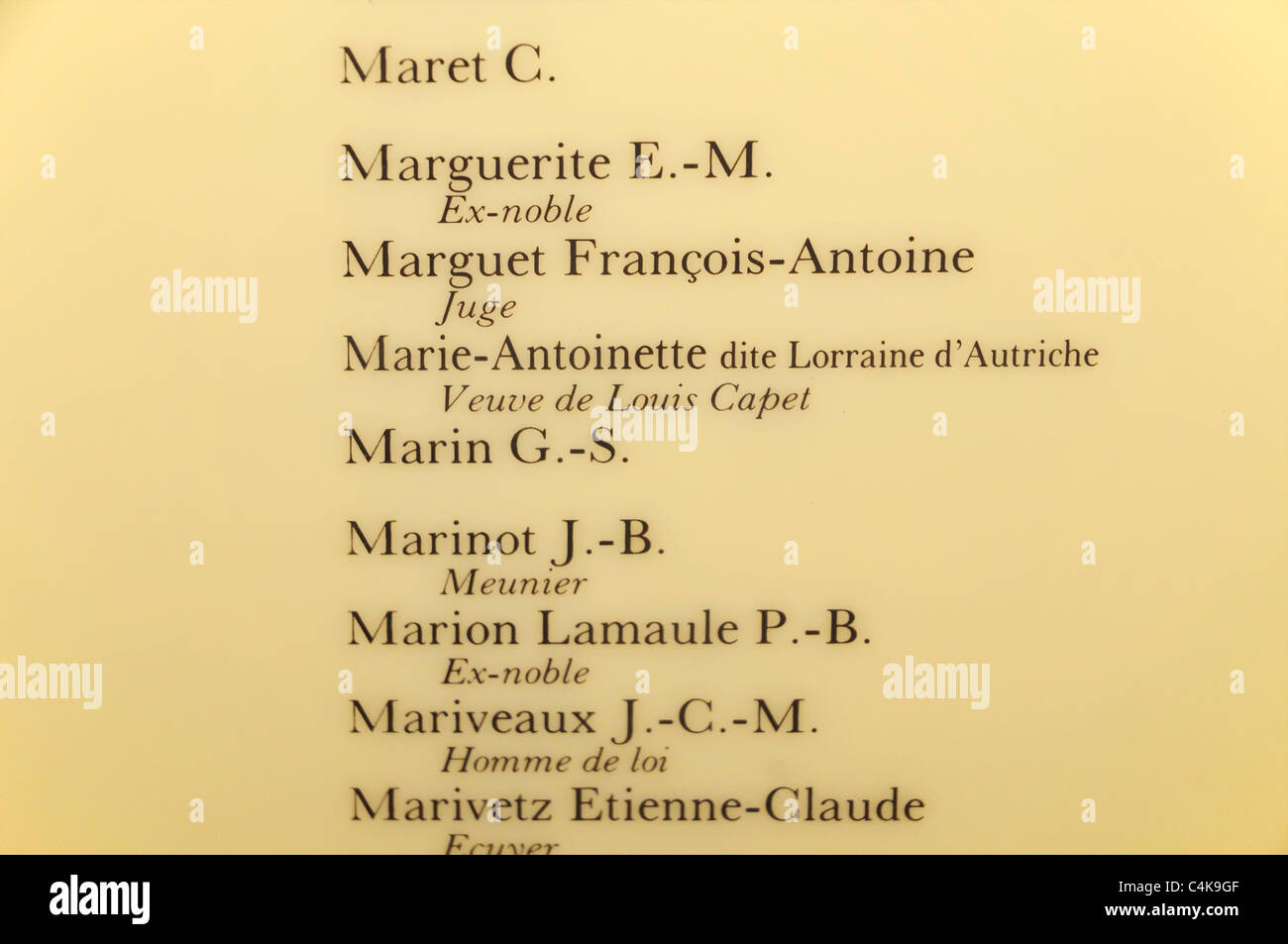 Marie-Antoinette's name on the list of victims of the French Revolution in La Conciergerie in Paris, France Stock Photo