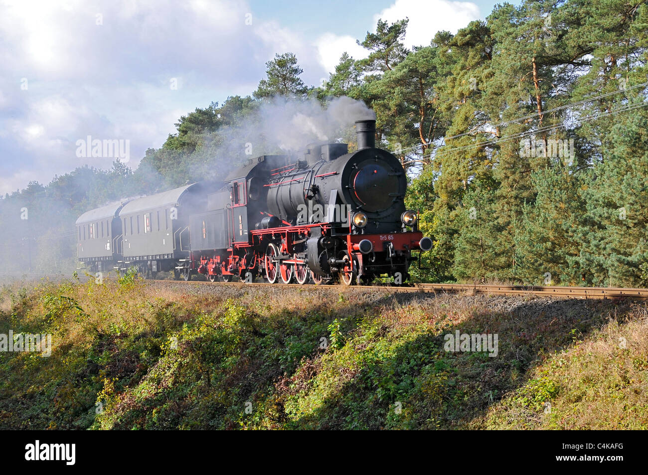 An old steam locomotive in an elevated position under steam in the Polish countryside. Stock Photo