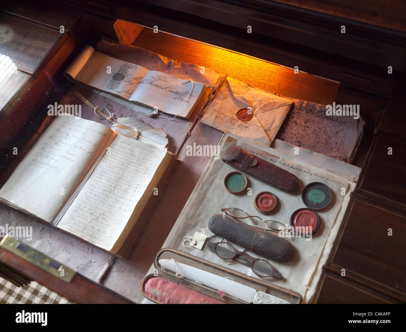 The open drawer of Sir Walter Scott's writing desk in his home Abbotsford Melrose Scotland Stock Photo