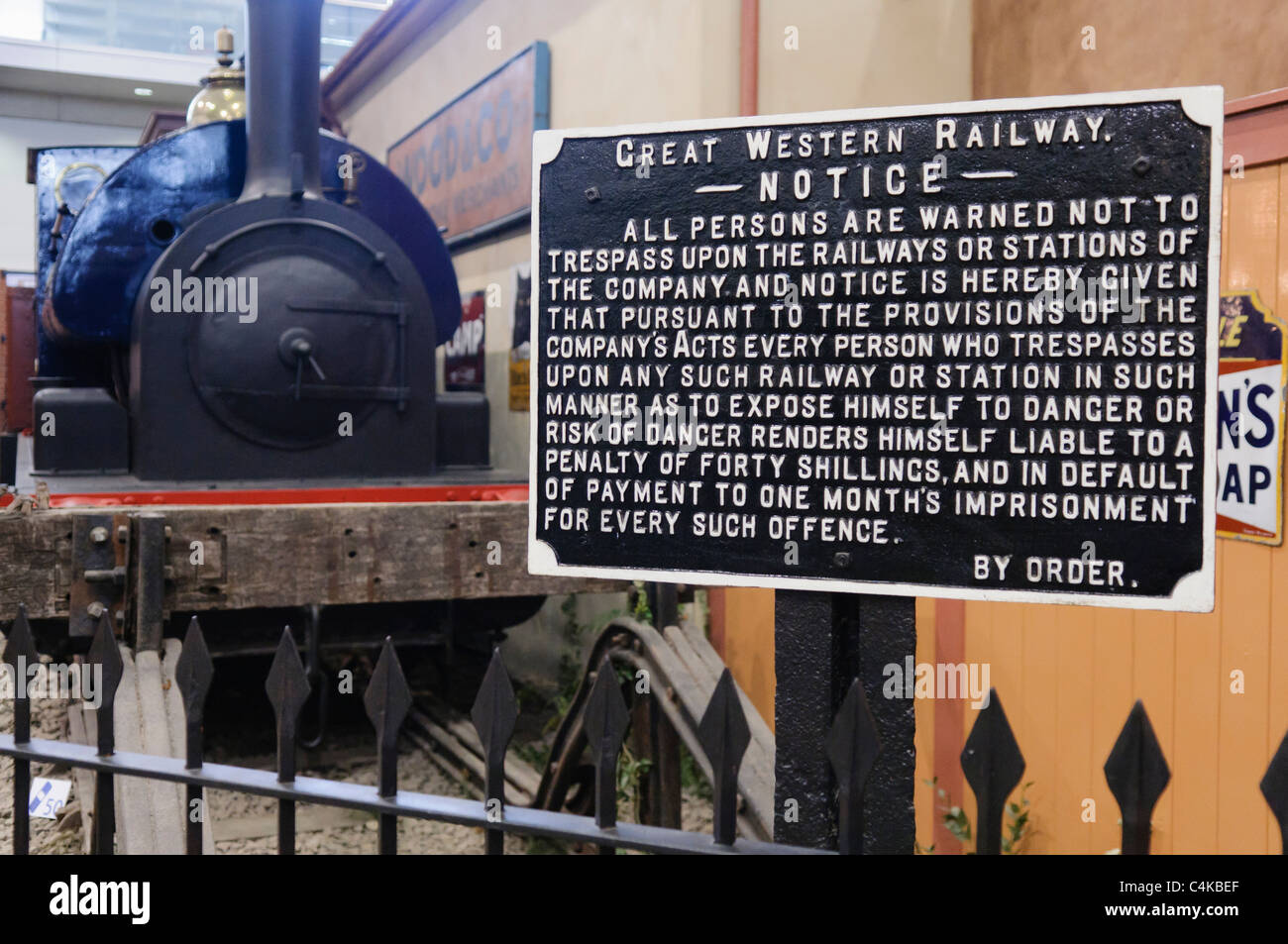 Sign at a Victorian Railway station warning public not to trespass onto the railway Stock Photo