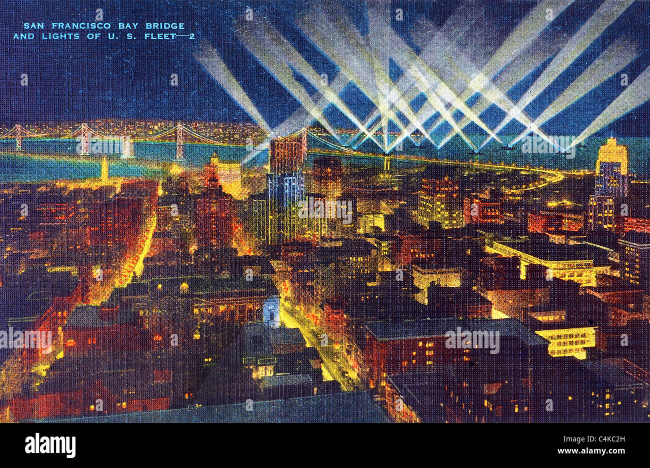 San Francisco with the Bay Bridge and lights of the US Naval Fleet in the background from an authentic 1940s postcard Stock Photo