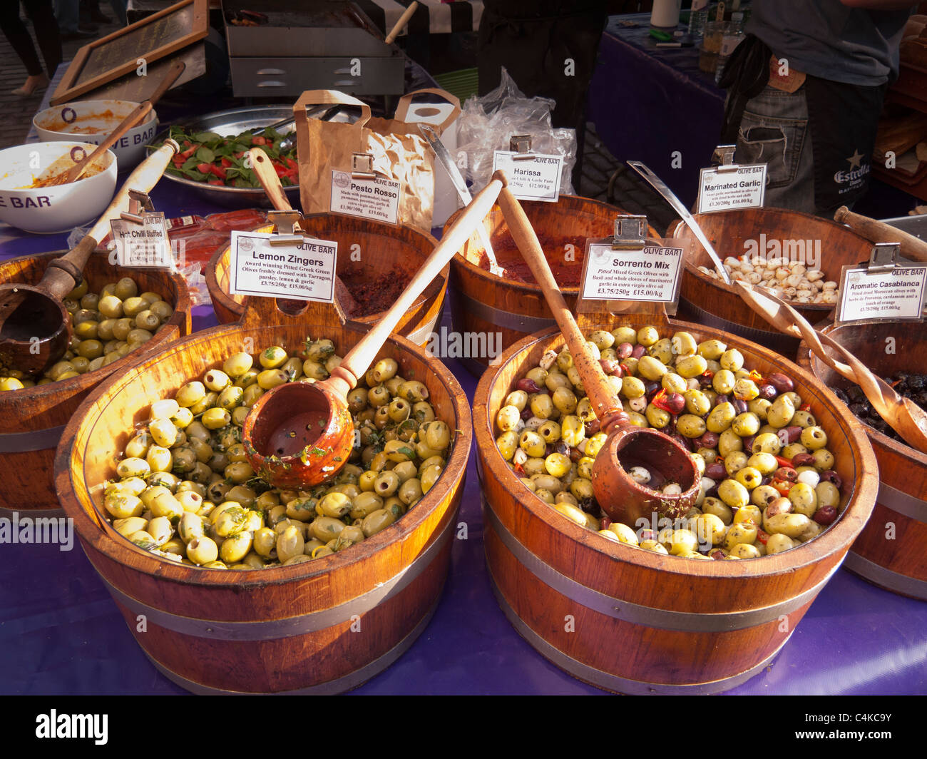 Olives and salad counter ,Borough Market,London,England Stock Photo
