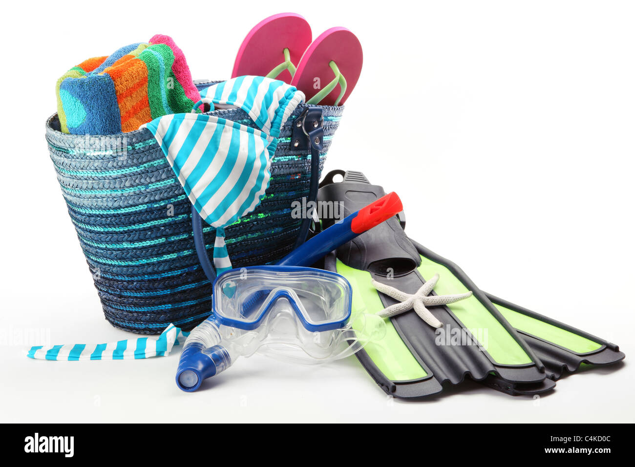 Beach bag with swimming suit and diving equipment. Stock Photo