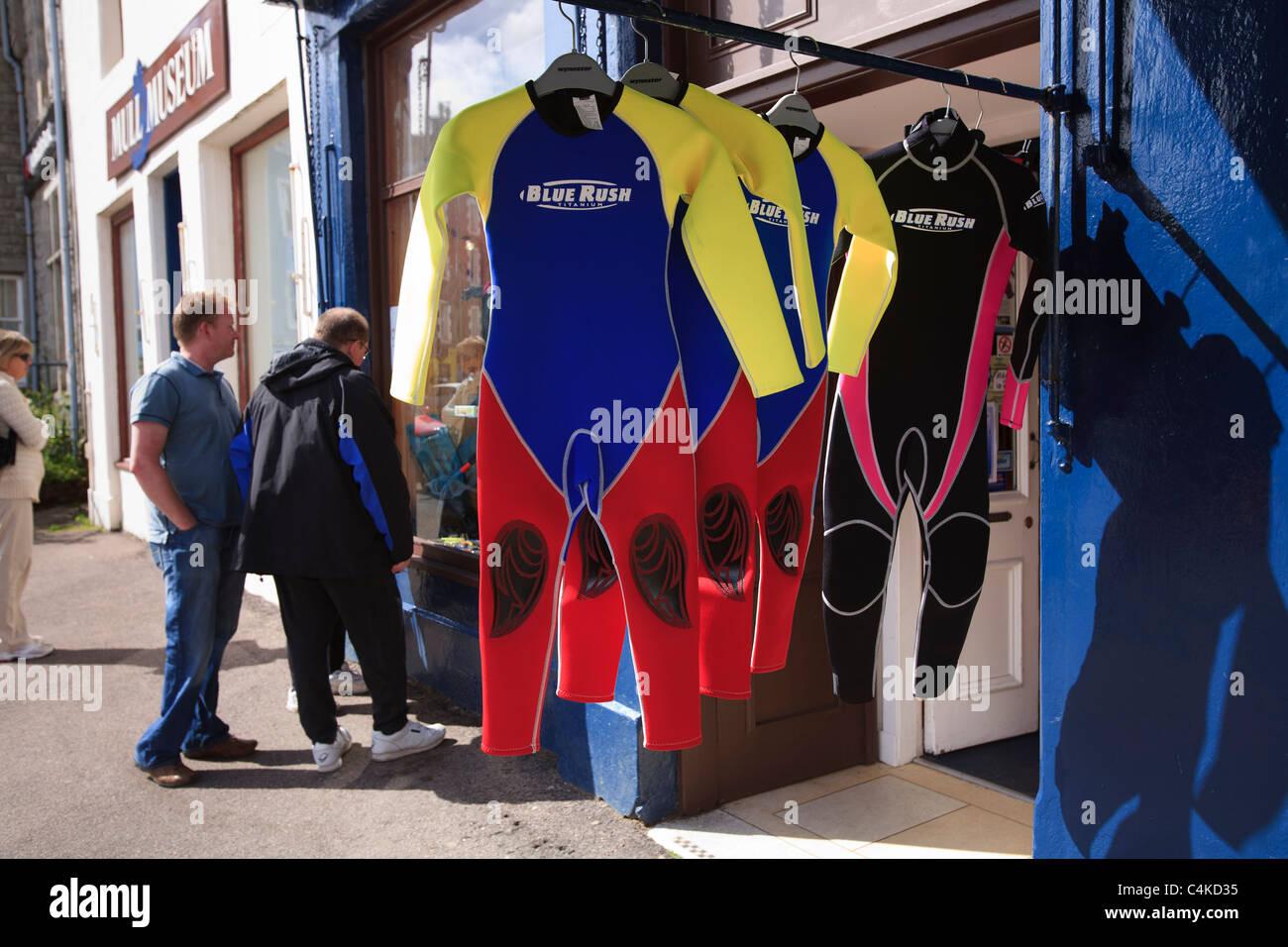 Wetsuits for sale or hire in Tobermory on the Isle of Mull, Inner Hebrides. Stock Photo
