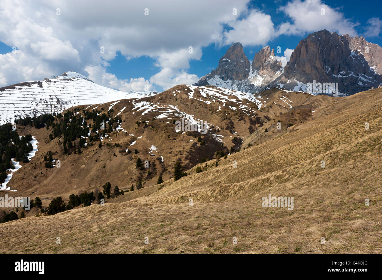 Passo Sella view towards Langkofel, Canazei, Trentino-Alto Adige, Dolomites, Italy, Europe Stock Photo
