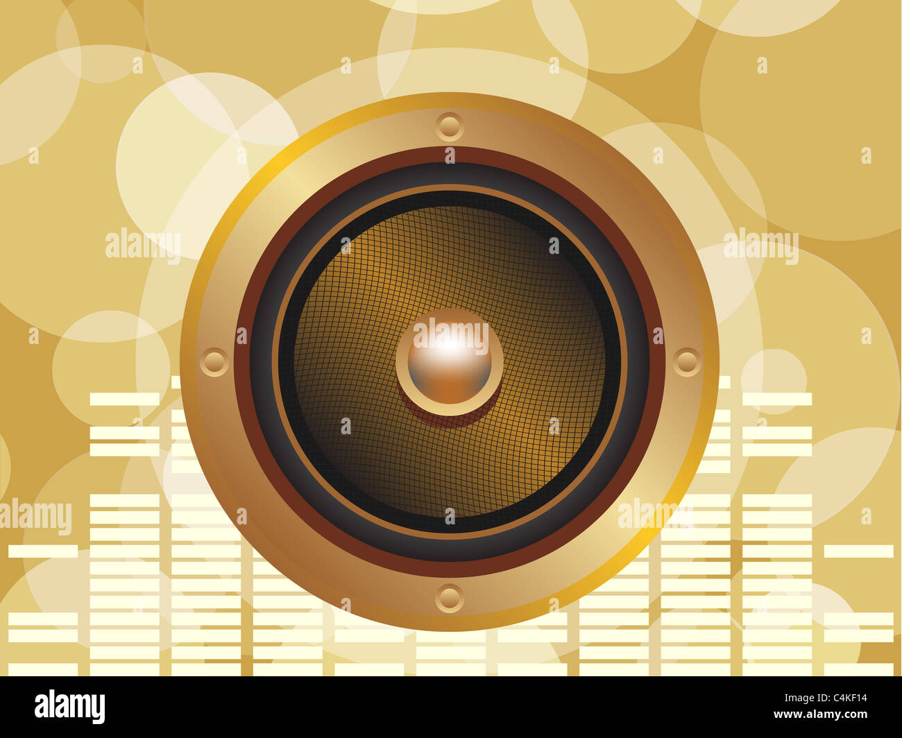 Gold speaker with equalizer background and glowing circles Stock Photo