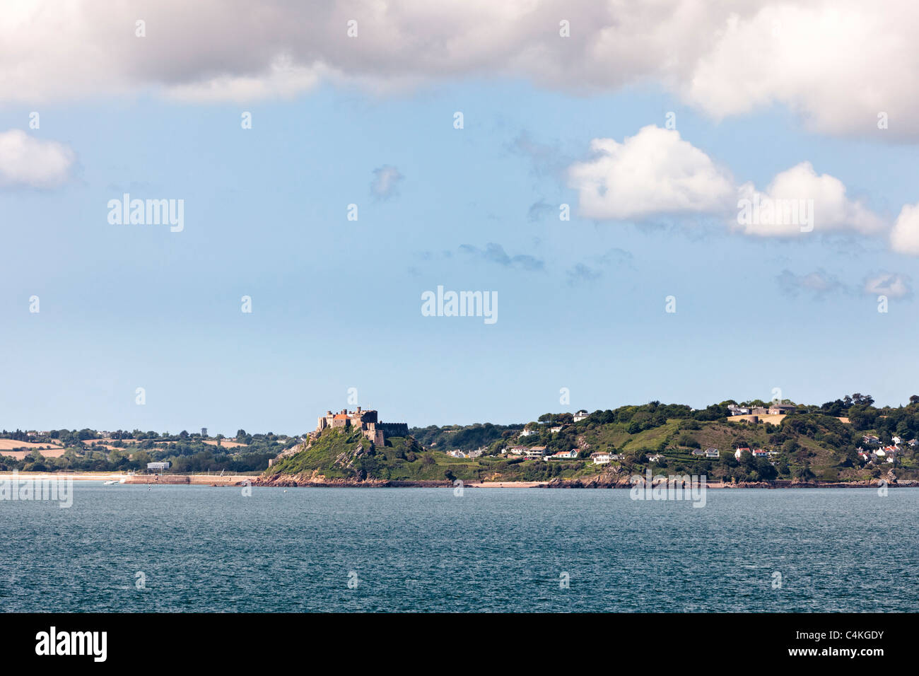 Mont Orguiel castle and Gorey Harbour, Jersey, Channel Islands, UK Stock Photo