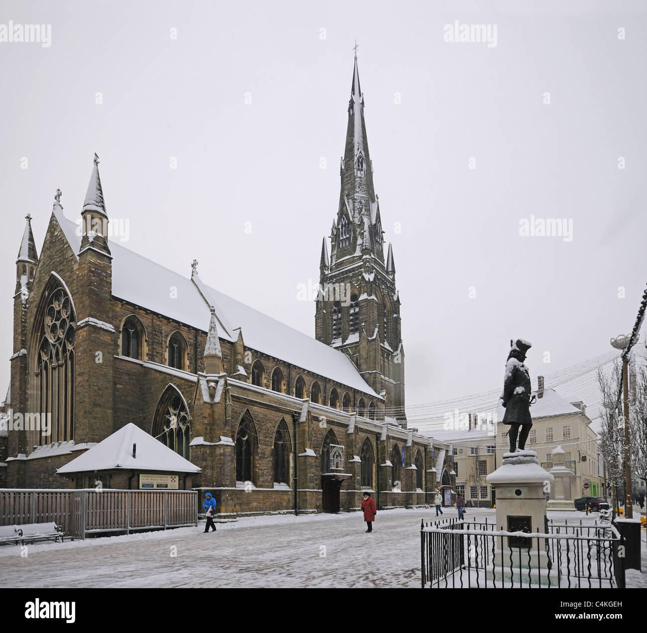 St Marys Church and Market Square Lichfield with statue of Boswell snow