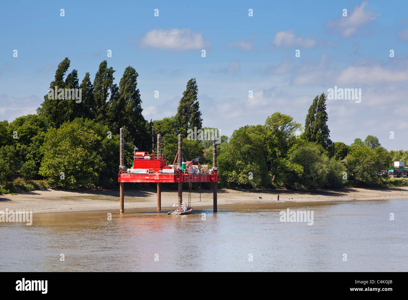 Thames tunnel exploration drilling rig, River Thames, London, England UK Stock Photo