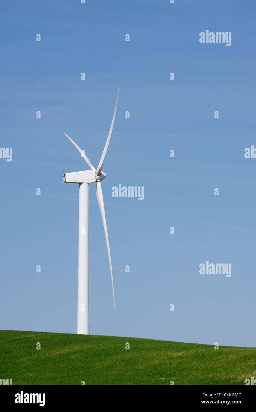 one modern windmill in a meadow with blue and clear sky Stock Photo - Alamy