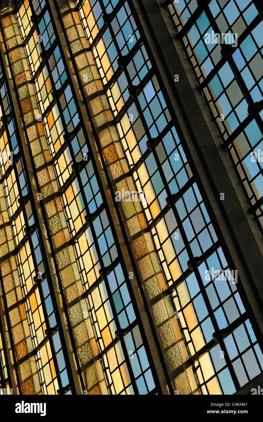 Stained glass windows in St. John the Baptist's Church in Axbridge, Somerset, UK. Stock Photo