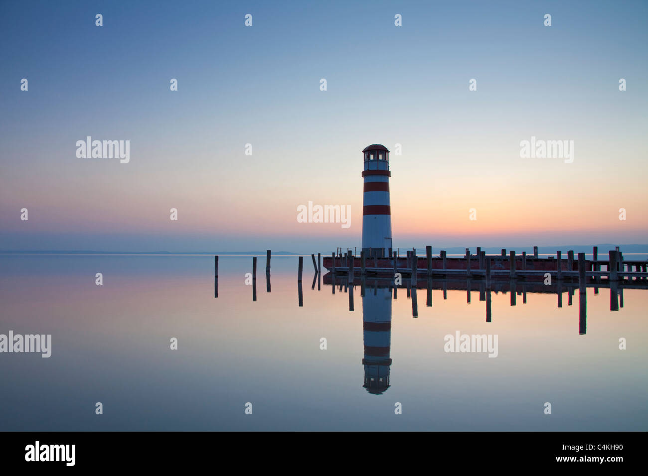 The Podersdorf lighthouse on the shore of the Neusiedler See / Lake Neusiedl at sunset, Burgenland, Austria Stock Photo