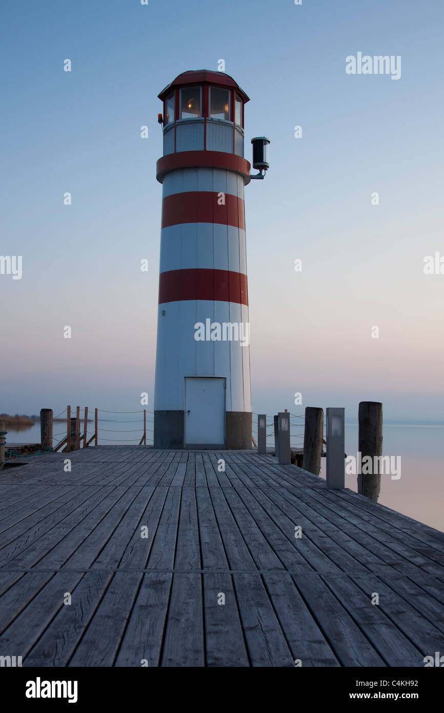 The Podersdorf lighthouse on the shore of the Neusiedler See / Lake Neusiedl at sunset, Burgenland, Austria Stock Photo