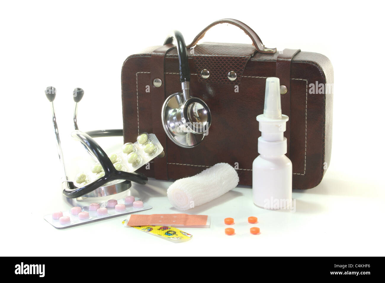 First aid kit with Bags, Stethoscope and medicines Stock Photo Alamy