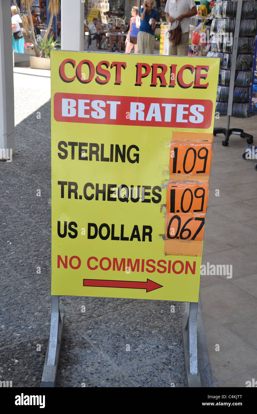 Exchange rates sign Euro dollar sterling in Cyprus June 2011 Stock Photo