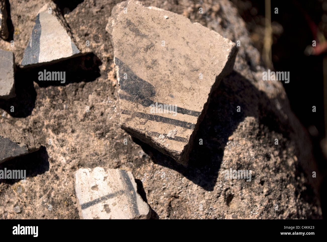 A grouping of Ancestral Pueblo pottery sherds found at Tsankawi: Bandelier National Monument. Stock Photo