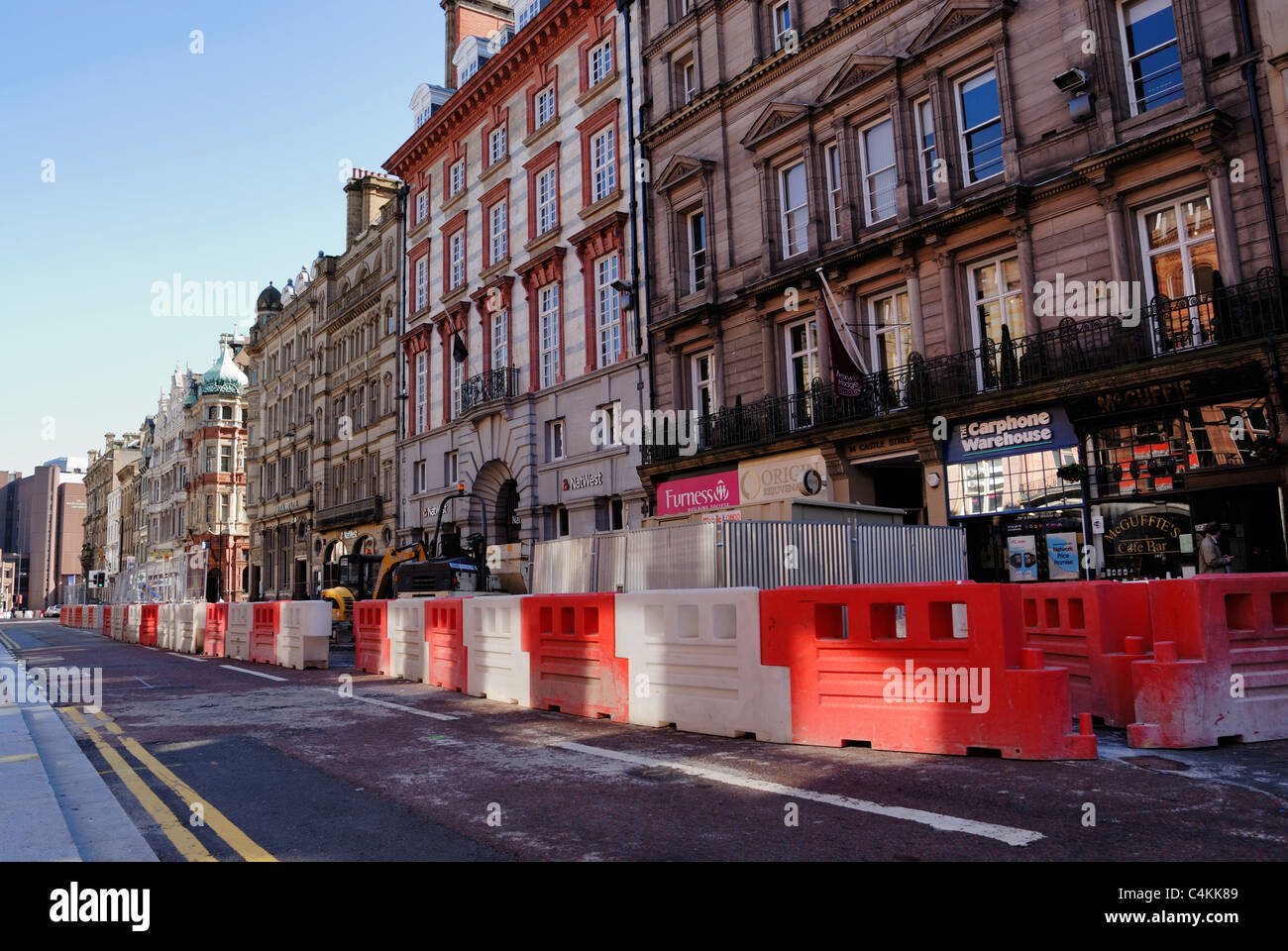 Roadworks in Castle Street in Liverpool with bollards and signs. Stock Photo
