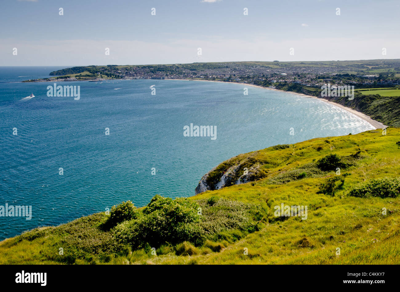 Swanage bay with its horseshoe sandy beach and groynes, Swanage, Dorset