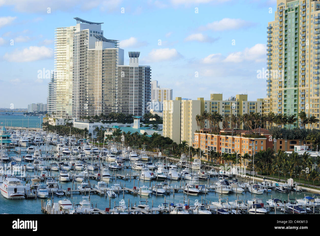 Skyline of the city of Miami, Florida with yachts and boats. Stock Photo
