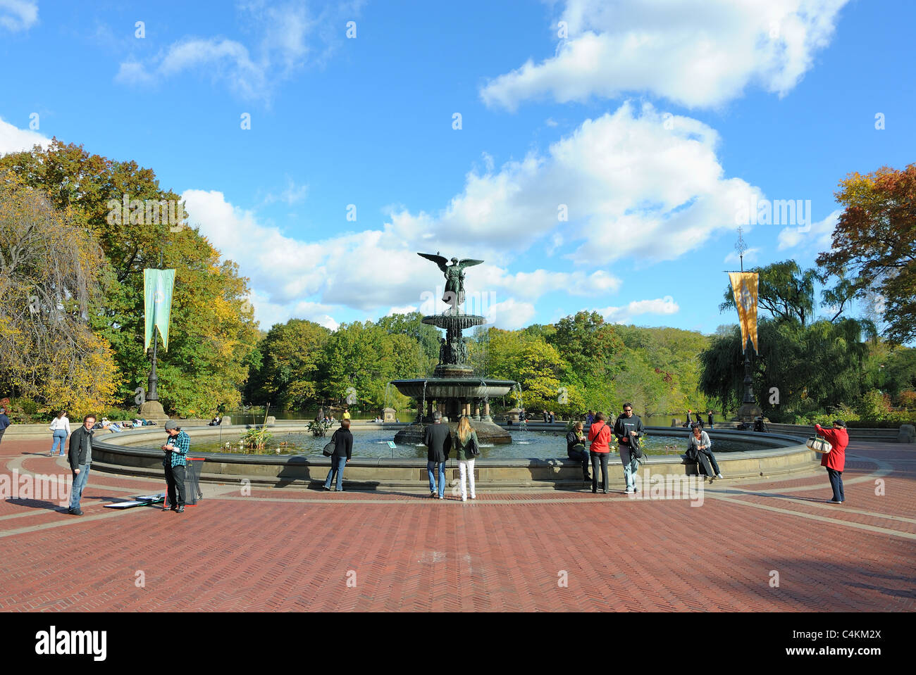 Bethesda Fountain and Terrace in Central Park New York City with tourists and visitors. Stock Photo