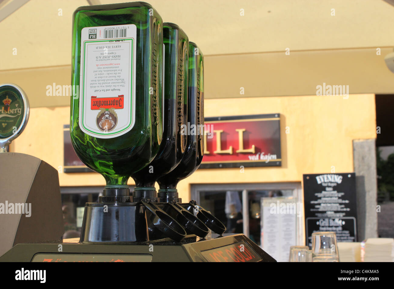 Bottles of Jägermeister in a bar Stock Photo