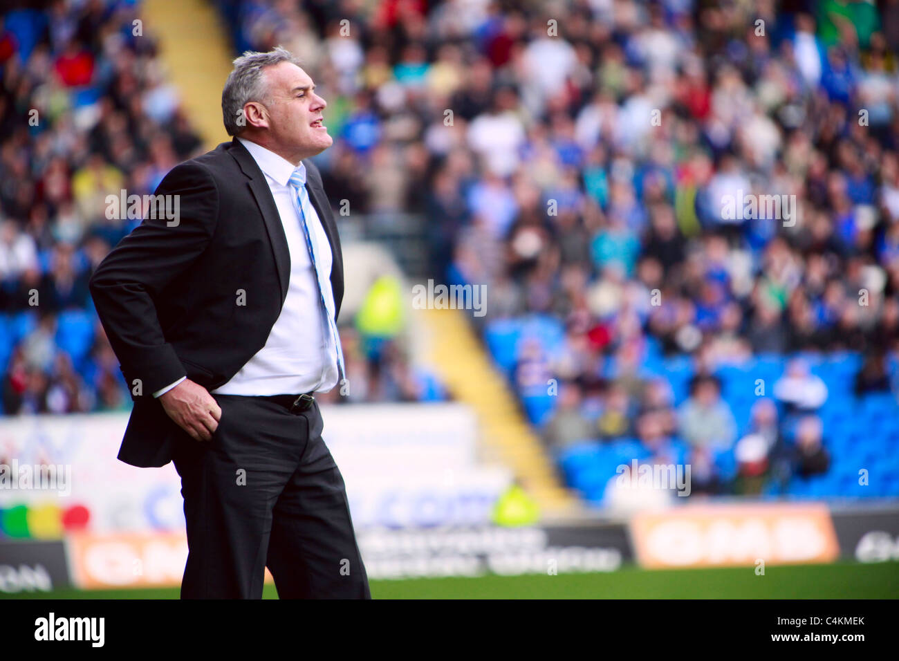 Cardiff City FC manager Dave Jones reacts by the sideline during their match against Derby County FC, April 02, 201 Stock Photo