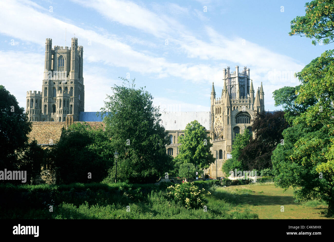 Ely Cathedral, Cambridgeshire England English medieval cathedrals UK west tower octagon and Park towers Stock Photo