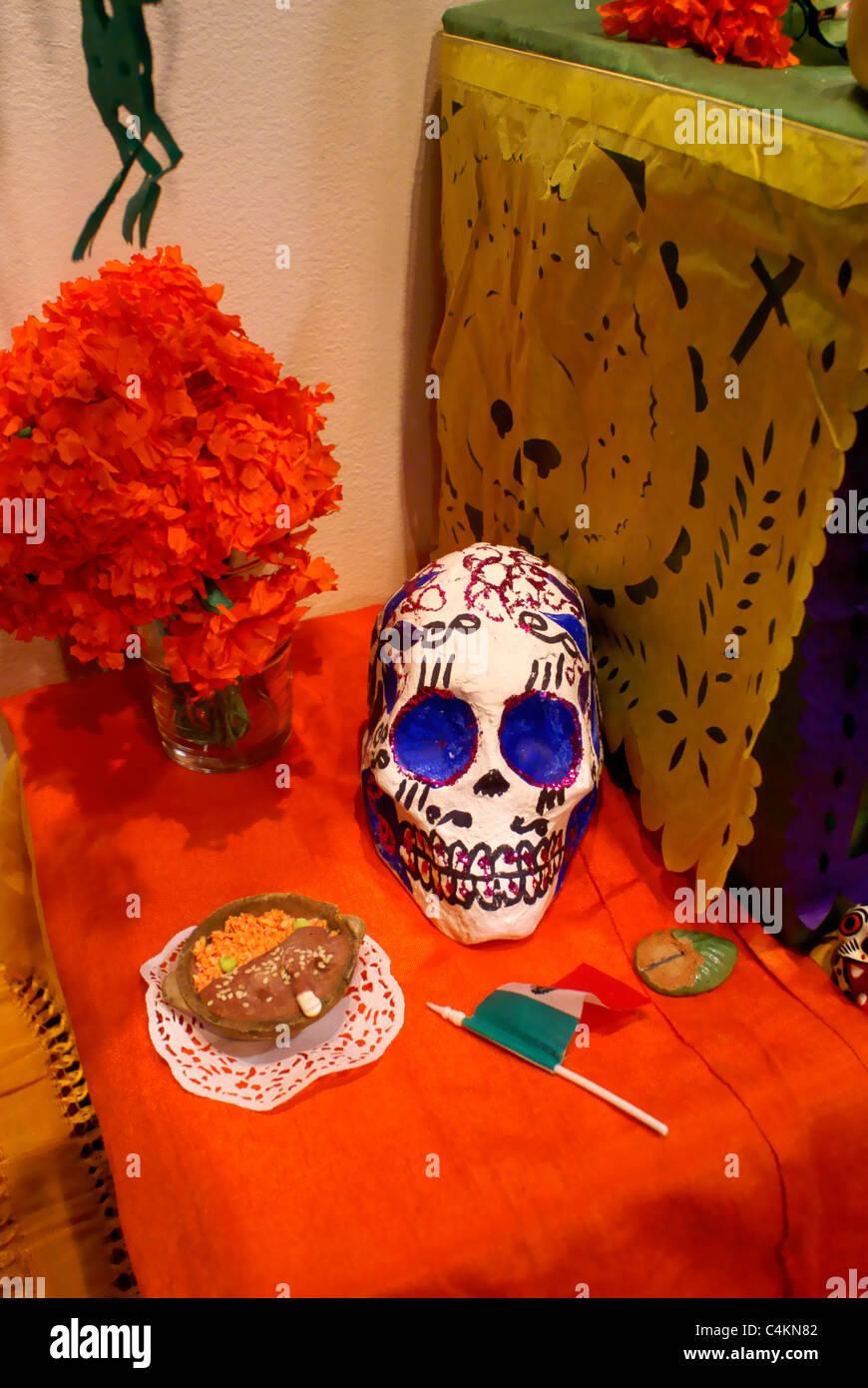 Offerings on a Mexican Day of the Dead or Dia de los Muertos altar Stock Photo