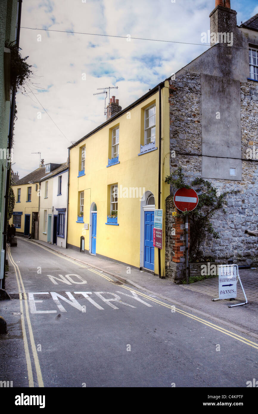 A  no entry sign along a road in Lyme regis, Dorset, England. Stock Photo